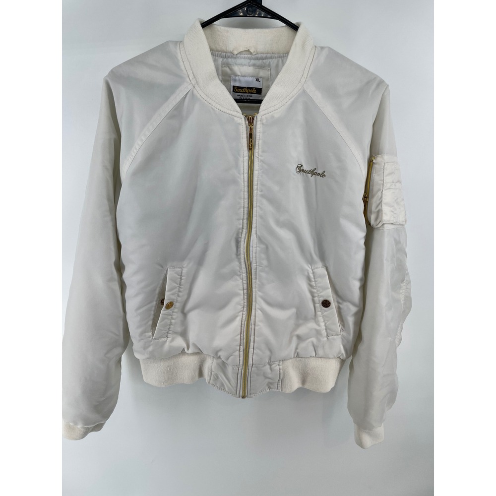 Vtg Southpole Bomber Jacket Women LargeWhite Quilted Utility Streetwear Gold